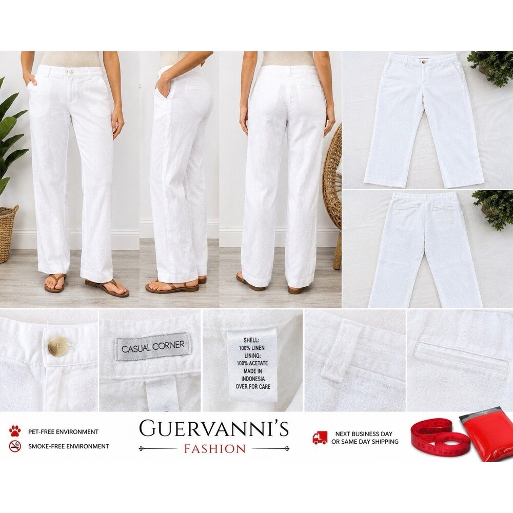 Casual Corner Pants Womens 10 White Linen Straight Leg Side Zip Dressy